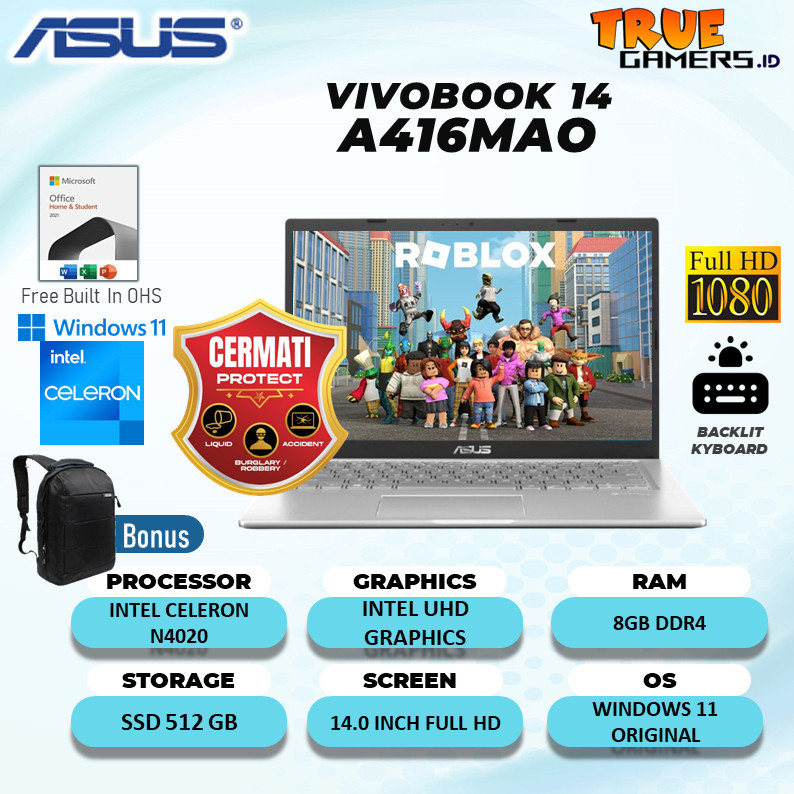 LAPTOP ASUS VIVOBOOK A416MAO  N4020 RAM RAM 8GB 512GB SSD WINDOWS 11+OHS 14.0 FULL HD