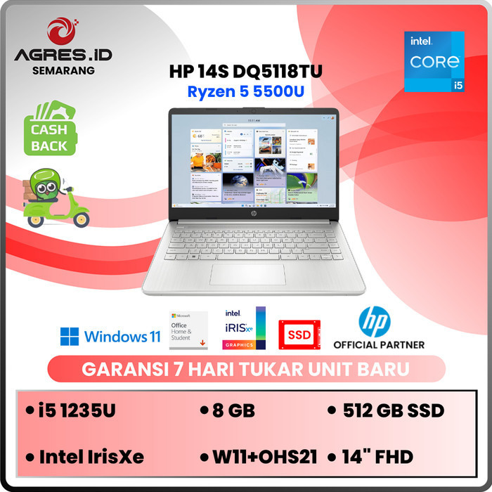 HP 14S DQ5118TU CORE i5 1235U 8/16GB 512SSD IRISXE W11+OHS 14 INCH