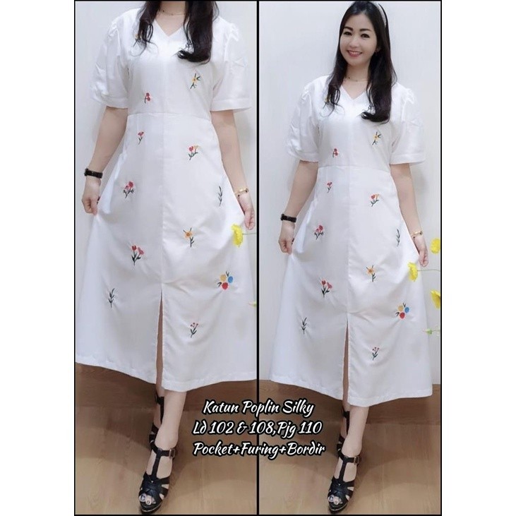 JESS Dress Wanita - Dress Putih - Dress Katun - Midi Dress Bordir/ GAMIS MODEL BARU MURAH