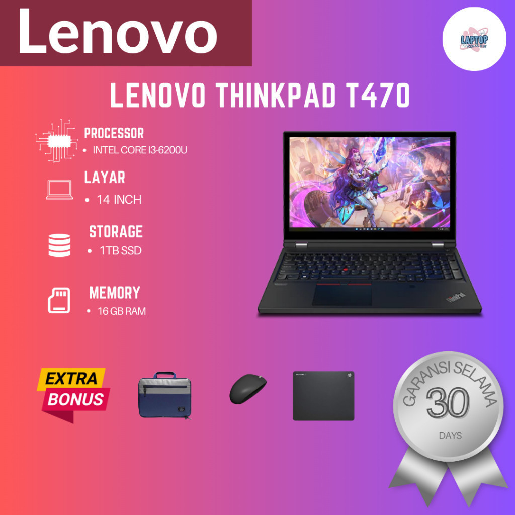 Laptop Lenovo Thinkpad T470/T470S/T470 TS Core i5 Gen 6/7 - MURAH BERKUALITAS DAN BERGARANSI - Bonus Mouse, Mouse Pad, Tas