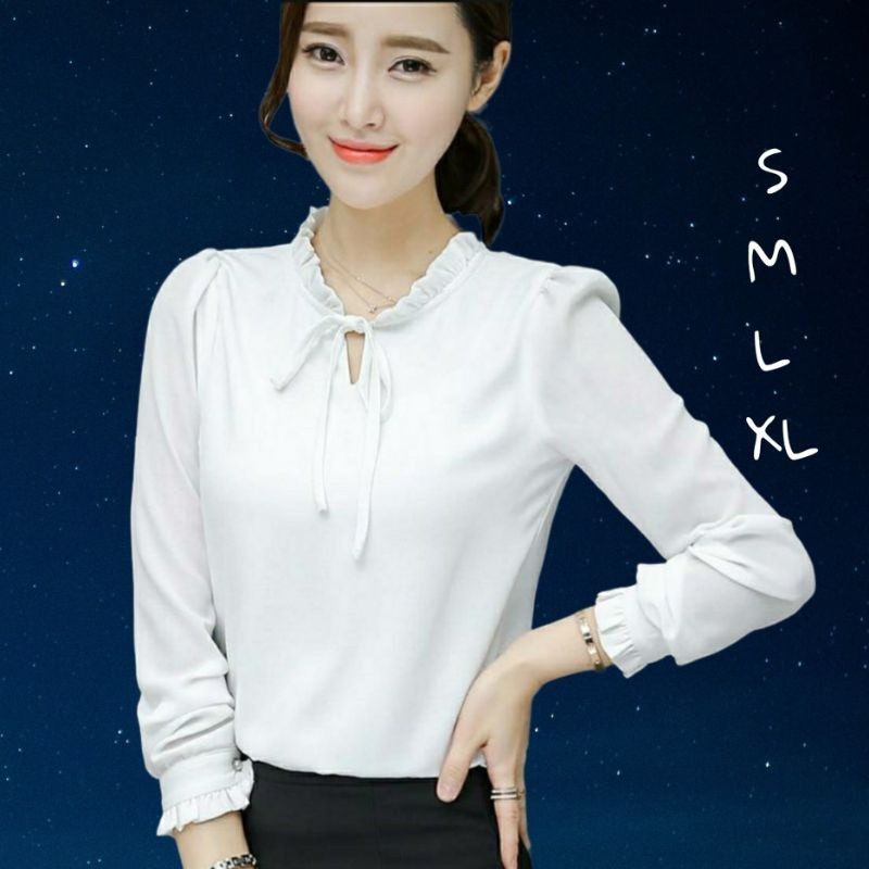 Baju Atasan Putih Wanita Lengan Panjang Model Korean Style Import Terbaru Kekinian Premium Kemeja Bl