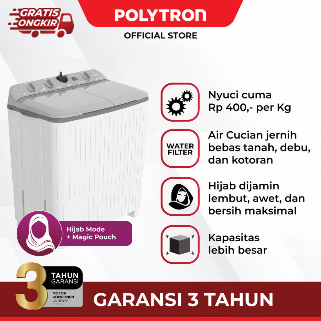 POLYTRON Mesin Cuci 2 Tabung Giant Series Hijab 8 KG - PWM 8076Y