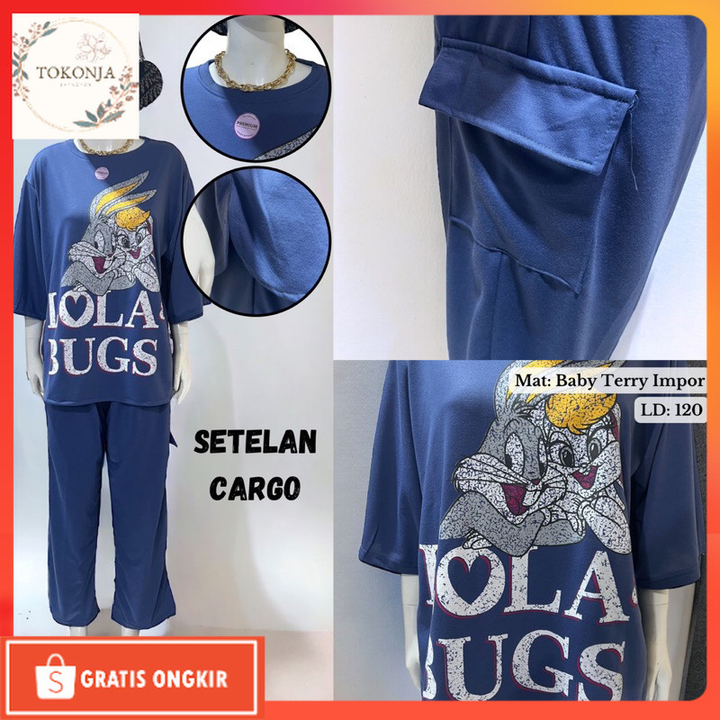 One Set Terkini / KAOS ELDA LABEL SETCEL MOTIF SET CARGO DAN DRESS OVERSIZE ELDA MURAH JUMBO