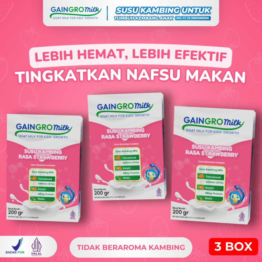 

BUNDLING 3 BOX SUSU KAMBING GAINGRO MILK STRAWBERRY Penambah Nafsu Makan Anak GainGro Milk Shop