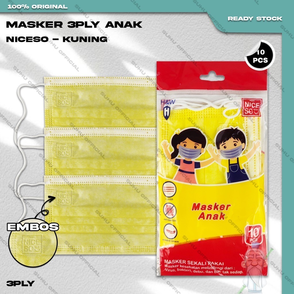 Masker Anak Medis 3Ply NICESO Isi 10Pcs Warna Kuning Yellow 3 Ply Earloop Surgical Mask Kemenkes