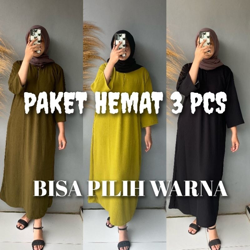 Paket Usaha 3Pcs Daster Gamis Cringkle Airflow Ld 120cm Pb 125cm Lengan 3/4//BAJU WANITA MODEL BARU 