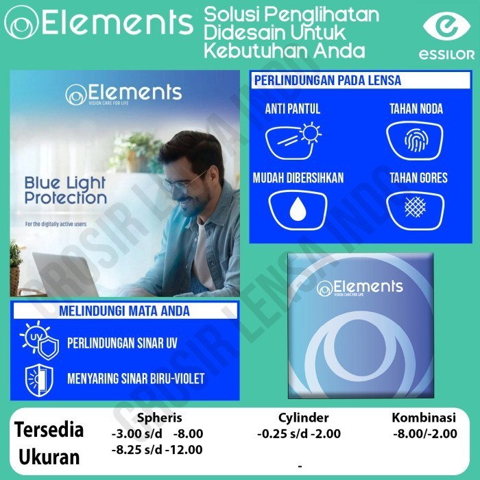 [KUALITAS TERBAIK] Lensa Essilor Elements Anti Blueray + Drive night vision index 1.67 - Anti bluera