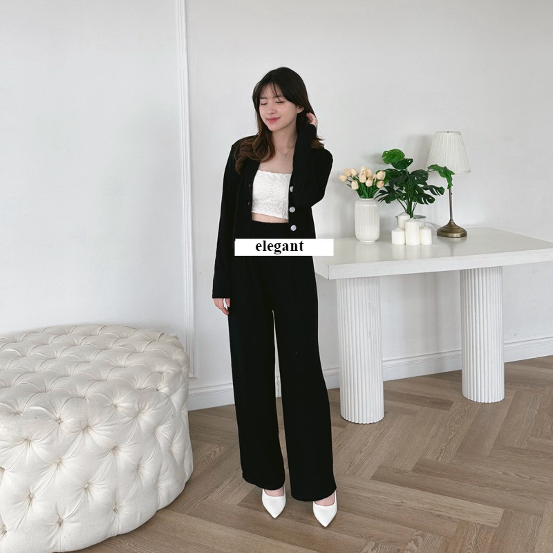 Elegant • Set Casey Premium Knit (Cardi+Pants) / Setelan Wanita Crop dan Celana Kulot