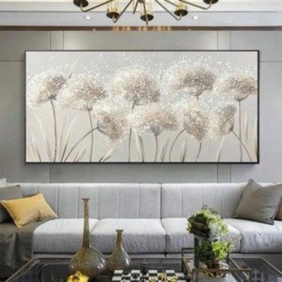 Lukisan Bunga dandelion Warna Putih Teksture Modern art Estetik