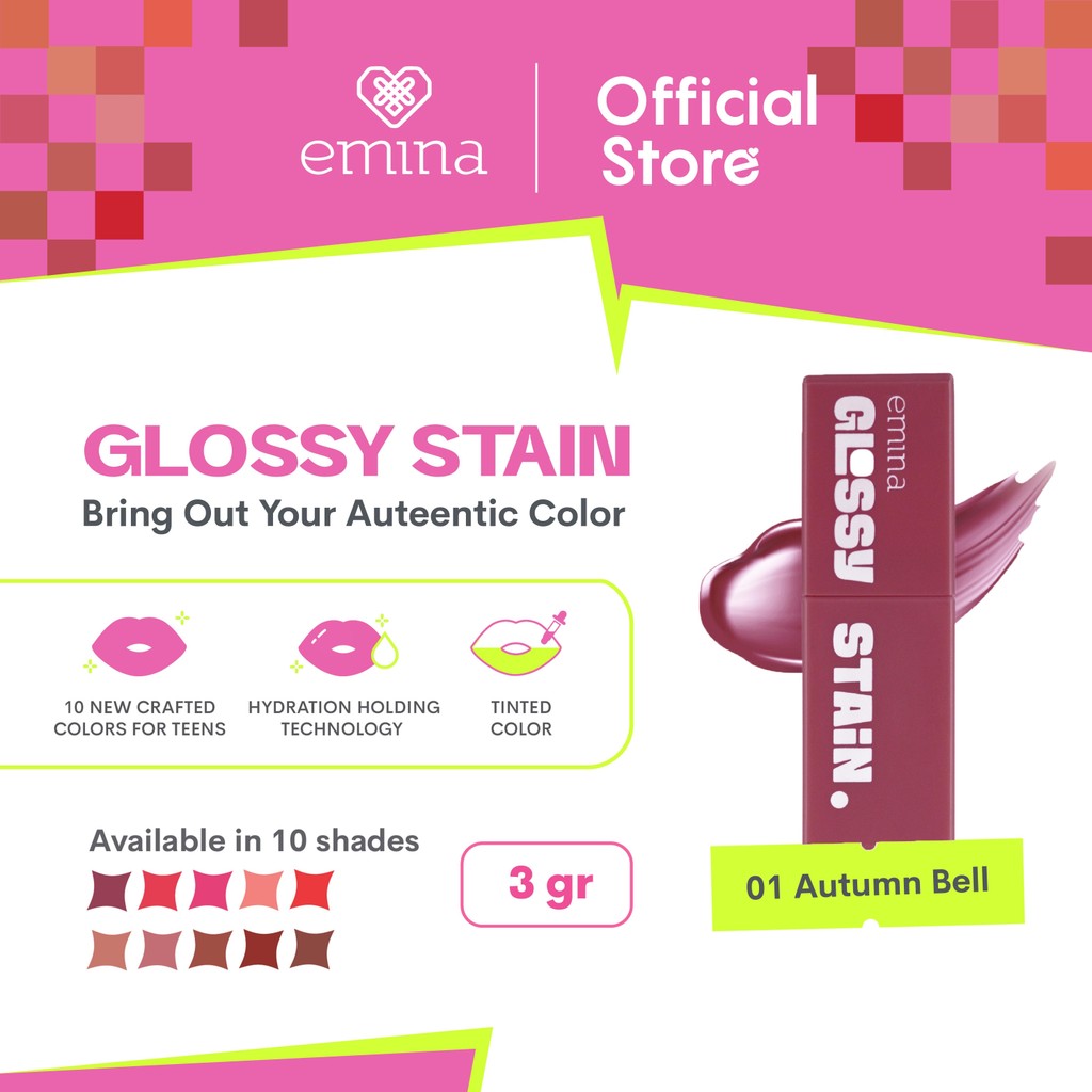 Emina Glossy Stain 3g - Melty Gel Lip Tint, Tahan Lama Transferproof, Melembabkan Bibir, Hasil Glowi
