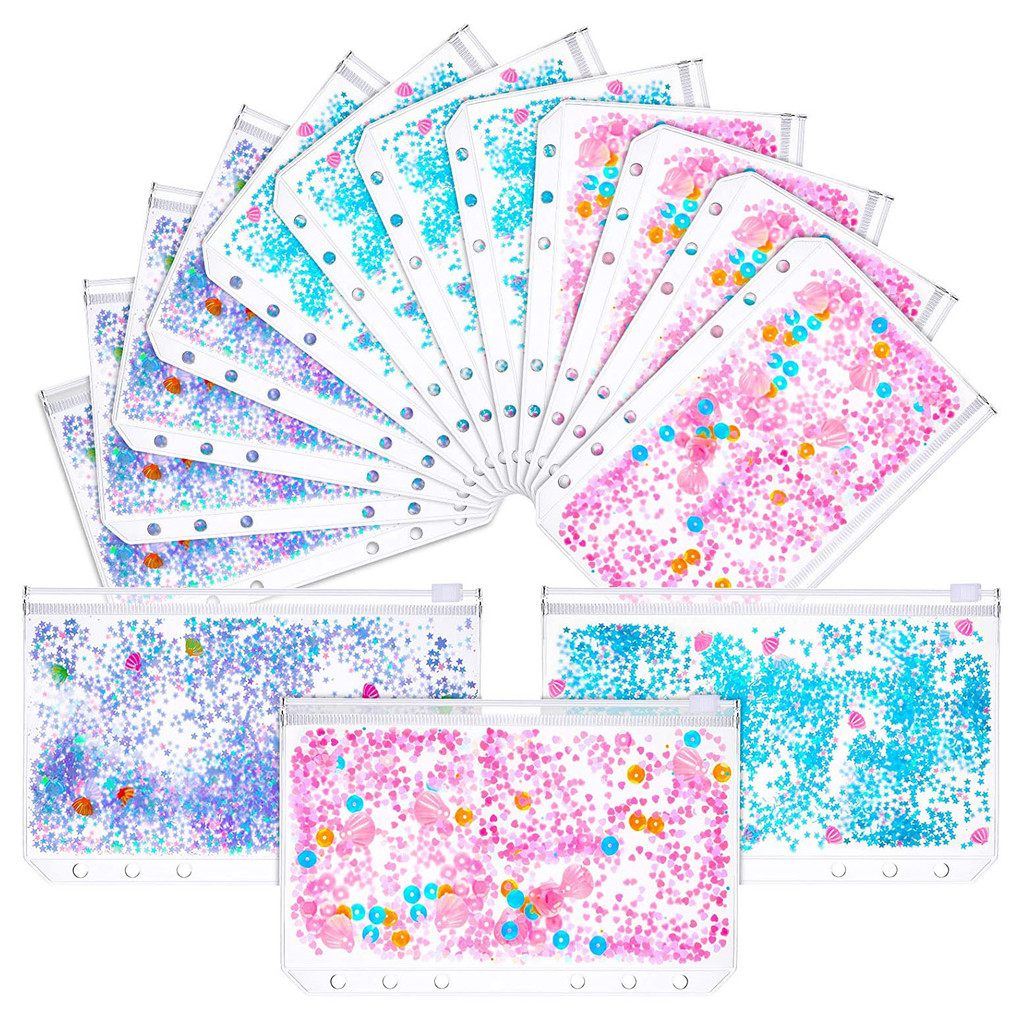 

12 Pieces A6 Binder 6 Holes PVC Pockets Glitter Cash Envelope Zipper Folders Notebook Loose Leaf Bags Waterproof Pouch Document