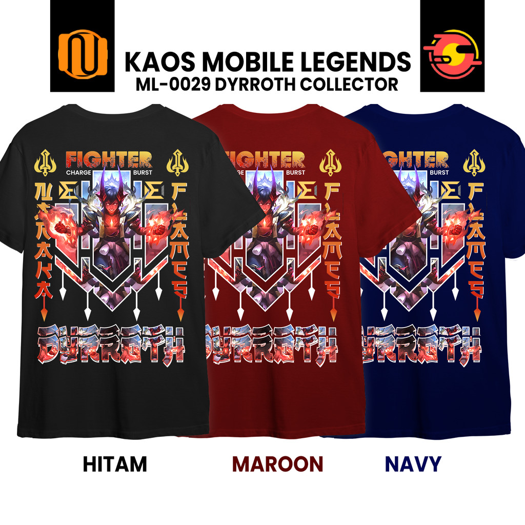 Nuhifa Store Kaos DYRROTH COLLECTOR SKIN NARAKA FLAMES Mobile Legeds MLBB Lengan Pendek Hitam