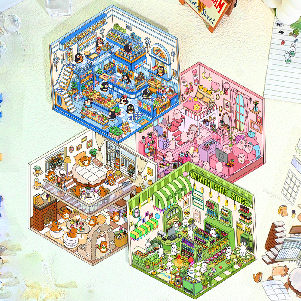 

Kawaii 3D Landscaping Stickers Cartoon Miniature Scene Visual Stacking Three-dimensional Stickers Christmas Gift for Children