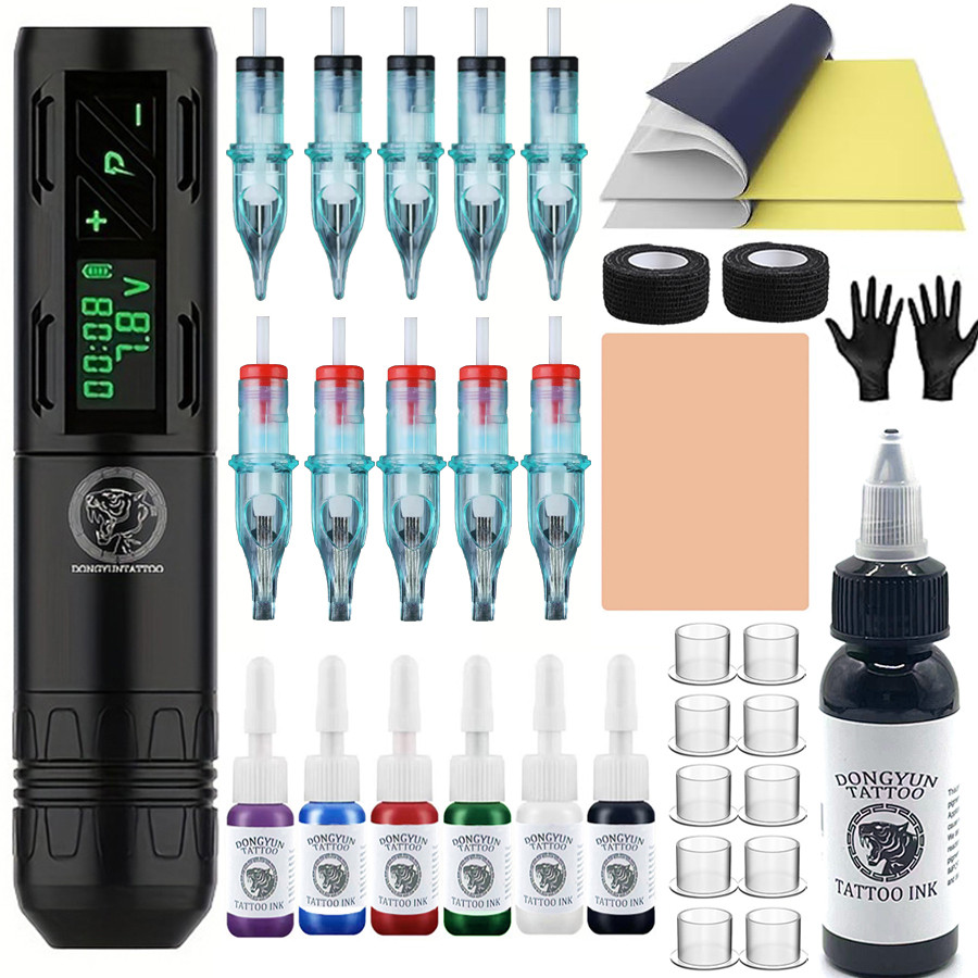 

Wireless Tattoo Gun Kit Rotary Tattoo Pen Kit 10 Cartridge Needles 6 Inks Complete Tattoo Gun Kit for Beginners and Tattoo Artis