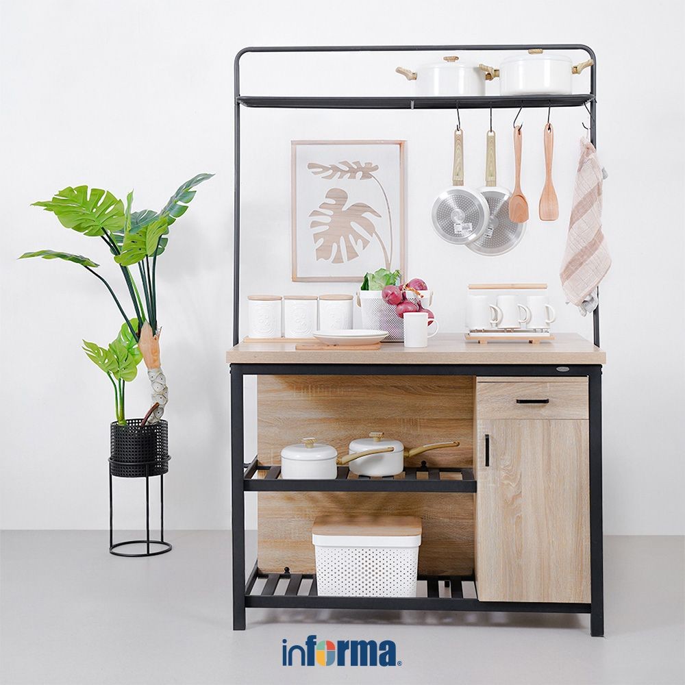 Informa Zea Set Meja Dapur Dengan 2 Bangku - Cokelat Oak Kitchen Working Table Meja Masak Serbaguna 