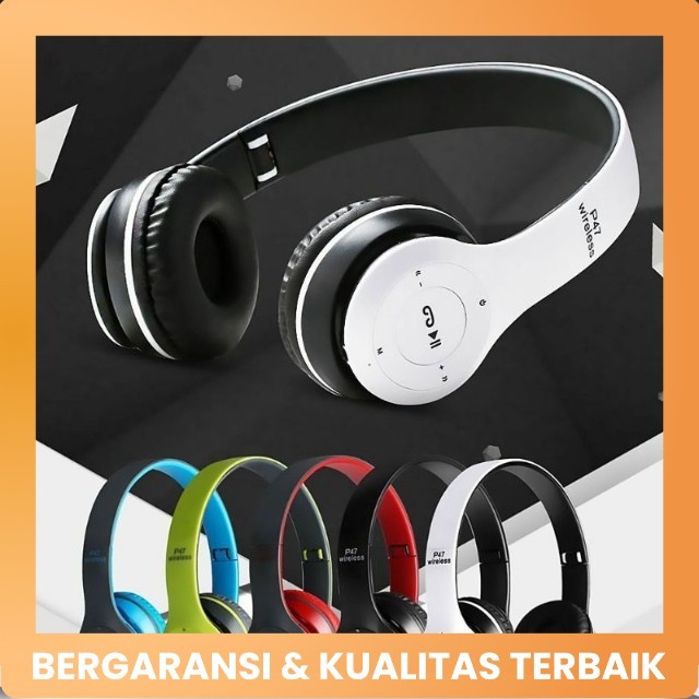 HEADSET HANDSFREE HEADPHONE HANDFREE EARPHONE BLUETOOTH P47 BANDO GAMING WIRELESS BASS MURAH ORIGINA