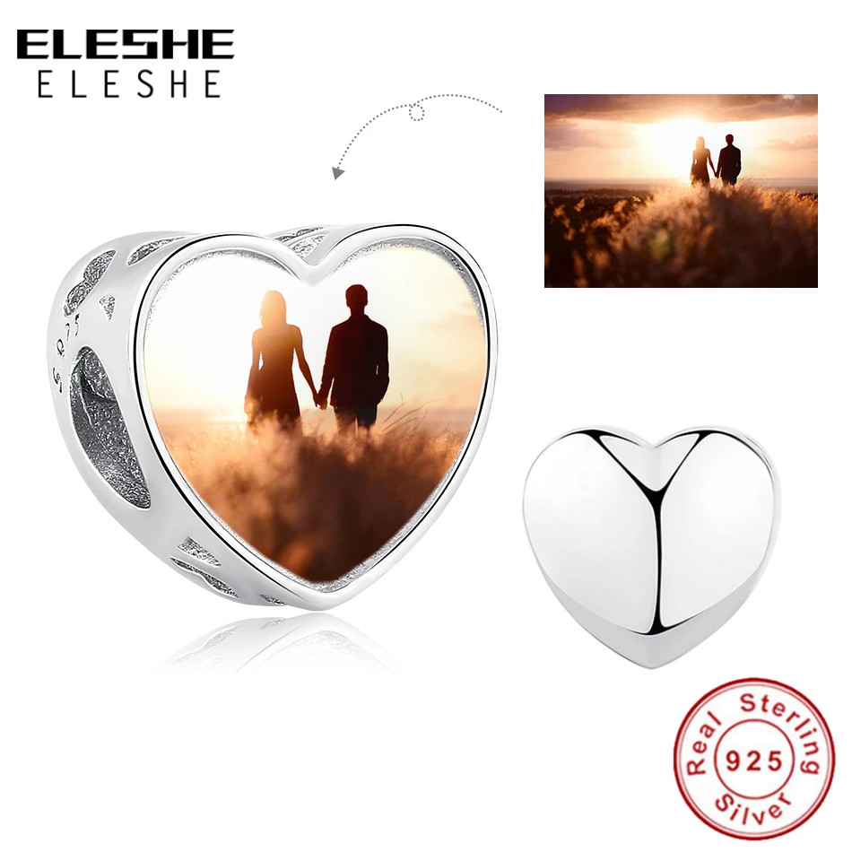 

ELESHE Free Customized Photo 925 Sterling Silver Heart Charm Beads Fit Original Bracelet Necklace Personalized DIY Jewelry