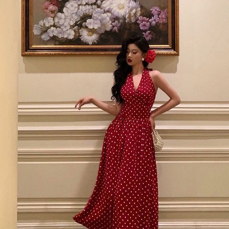 Dress Jumbo Wanita Gaun Big Size Import Liburan Retro Prancis Gaun Polka Dot Merah Backless Pinggang