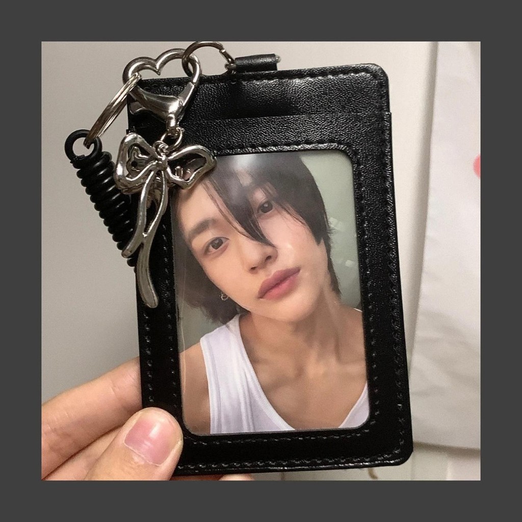 

Black Leather Silver Cat Bow Kulit ID Dua Kerja Pendant 3inch/2R Photo Card Holder Student Campus Kpop Idol Photocard Display With Spring Line Student Bus Protective Case Bag