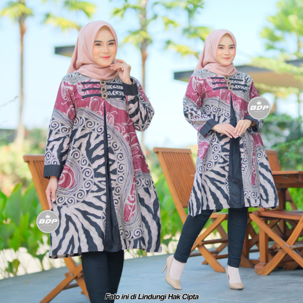 Tunik Batik Wanita Motif kusuma Warna Biru Lengan Panjang Seragam Batik Kantor