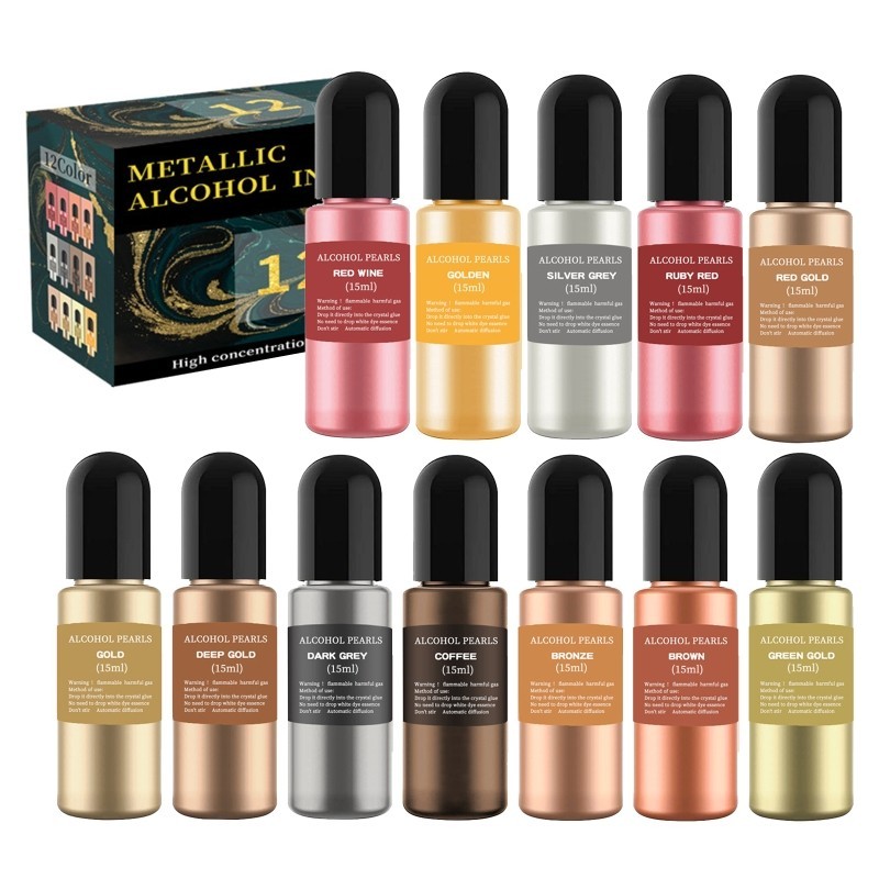 

12 Colors Metallic Alcohol Ink Set Concentrated Extreme Shimmer Alcohol-Based Inks for Epoxy Resin Acrylic Pouring Paint dropshi