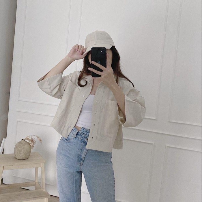 kemeja crop jumbo ld 120cm - ld 140cm/crop wanita oversize - crop white, ld 120cm