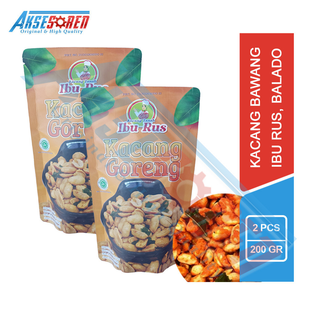 

Aksesoren Kacang Bawang Ibu Rus [Rasa Balado/200gr/2 Pcs] / Kacang Goreng Cemilan Gurih Asin Kemasan Pouch Foil 200 Gram