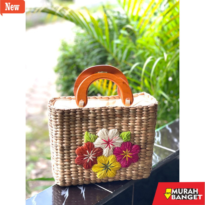 Tas Bulan Sabit Wanita Tas Enceng kotak mini sulam handle kayu