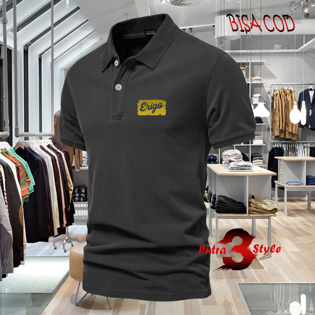 Baju Distro Style Polo Kerah Erigo Blok Text Gold Kaos Polo T Shirt Denim Premium Quality Atasan Pri