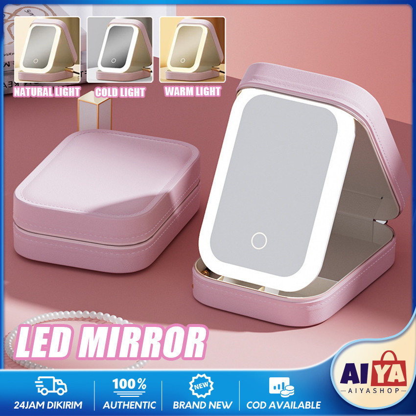 Cermin Lampu LED Makeup Travel Box Make Up Meja Dengan Lampu Kosmetik Penyimpanan