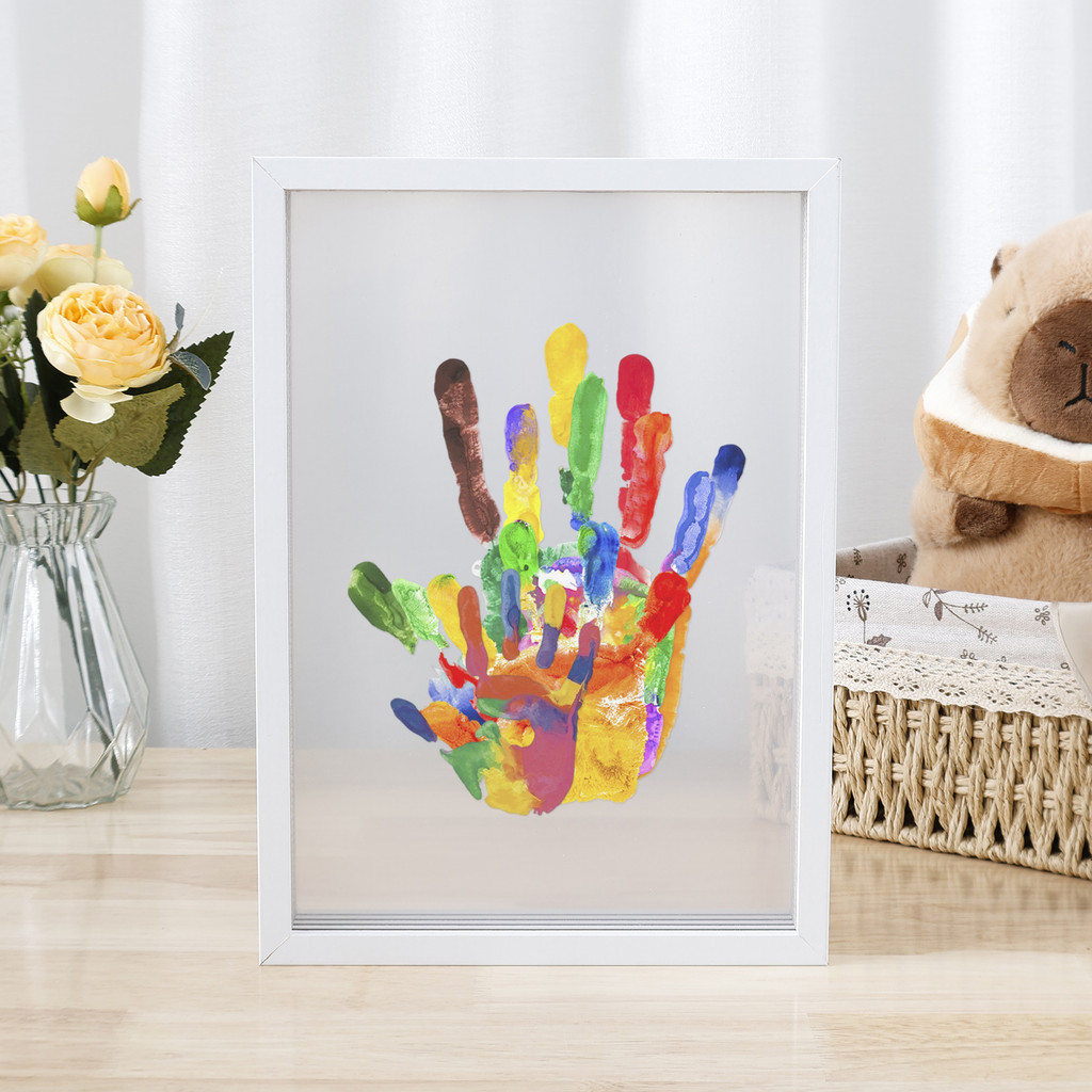

Family Handprint Kit DIY Handmade Clear Photo Frame Keepsake Wooden Frame with 6 Paints Pen Eraser Paintbrush White Photo Frame