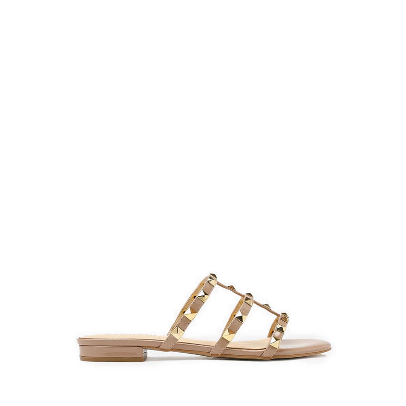 Pazzion Ingrid Gold Studded Cage Patent Leather Slides - Beige