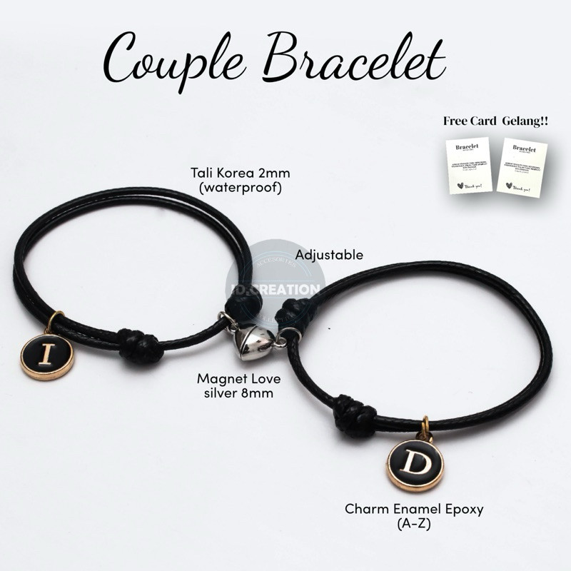 Gelang Couple Magnet Love Inisial Charm Enamel Epoxy - Tali Korea 2mm (2 Pcs)