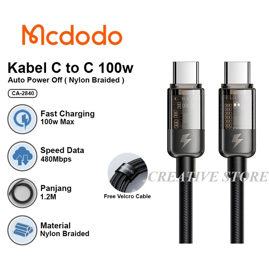 Kabel Data Type C To C MCDODO CA-2840 FAST Charging Auto Off 5A PD 100W - CA 2840