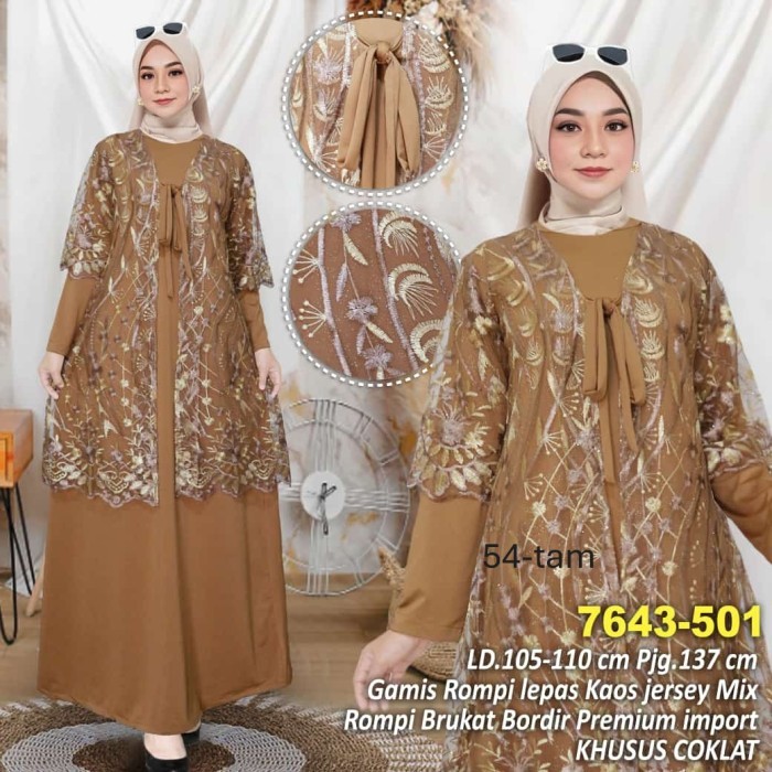 gamis jersi l xl xxl 3xl  rompi brukat coklat 54-tam 7643-501