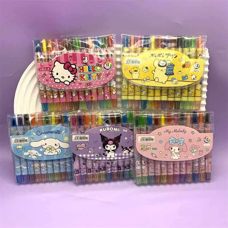 

12Pcs/set Sanrio Cinnamoroll Mymelody Kuromi PomPom Purin Non-Toxic Crayon Oil Painting Stick Kids Student Pastel Pencils Gift
