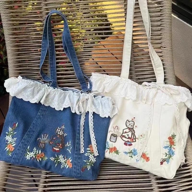 

Xiuya Vintage Elegant Womens Tote Bag Blue Denim Aesthetic Embroidery Literary Sweet Shoulder Bag Fashion Casual Female Handbag