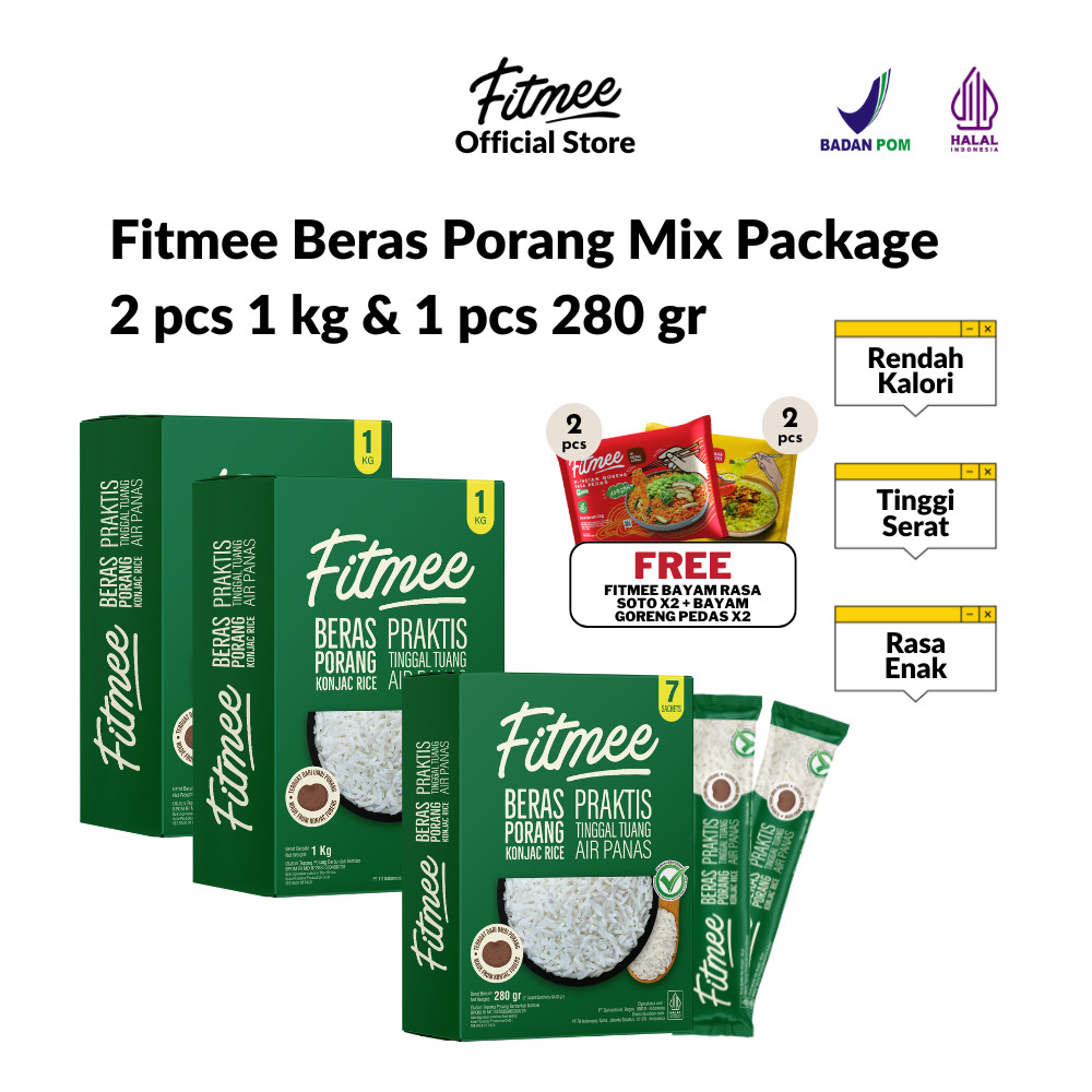 

Fitmee Beras Porang Gluten Free Konjac Rice Mix Package FREE Fitmee Mie Bayam Soto 80 Gr 2 pcs & bayam goreng pedas 65 gr 2 pcs