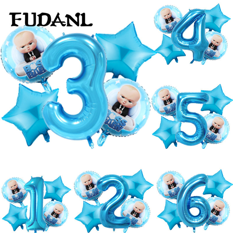 5pcs Cartoon Set Boss Baby Balloon 40inch Number Blue Foil Baby Shower 1 2 3 4 5 6st Birthday Party 