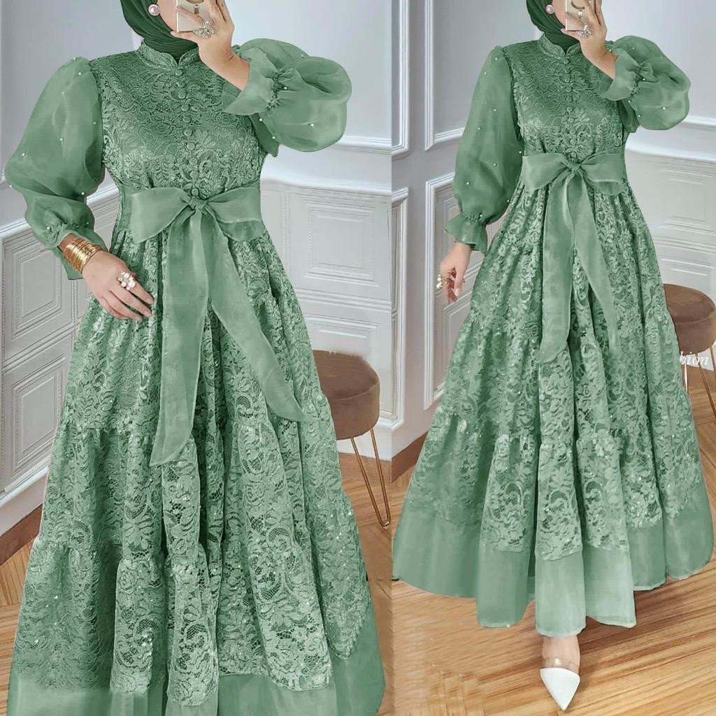 Gamis Brukat kombinasi Organza Mutiara / Gamis Organza kombinasi / Gamis brukat mutiara / Pakaian mu