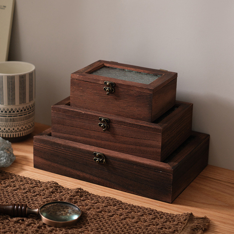 

Nordic Retro Solid Wood Begonia Flower Glass Storage Cabinet Desktop Sorting Flipping Wooden BOX Decorative Box