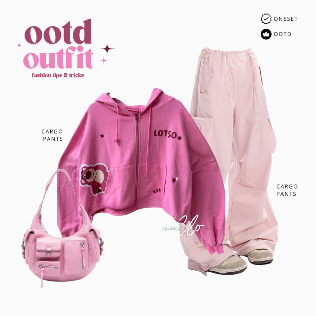 OOTD Lebaran - Oneset Ootd Outfit Cargo Pants Pink Lotso