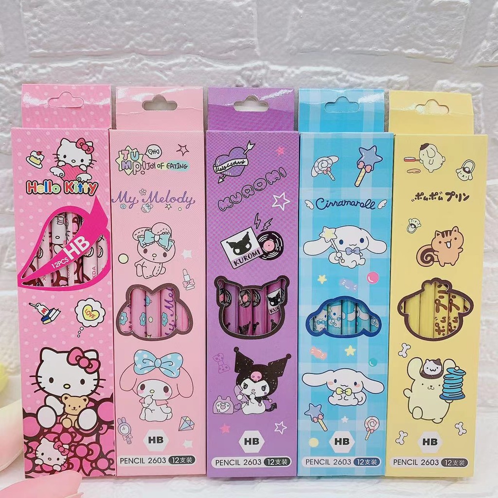 

12Pcs/Box Sanrio Pencil Melody Kuromi Cinnamoroll HB Black Write Draw Pencils Primary Students Stationery School Children Gift