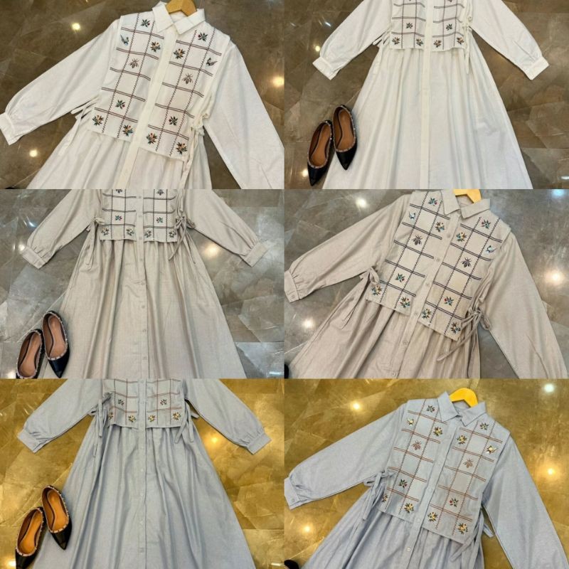 Drees Korean Style Polo Linen Mix Bordir Terbaru/Gamis Pesta Wanita Remaja Kekinian Terlaris Mewah E
