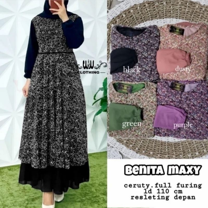 Benita Maxy Dress Ceruty Baby Doll Full Furing Busui Resleting Depan Jumbo Ld 130cm Dan Ld 110cm Dan