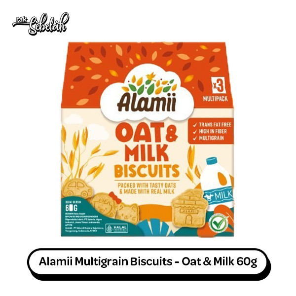 

Alamii Multigrain Biscuits Oat & Milk 60g (3 Bags x 20g) - Biskuit Sehat | Natural Ingredients | High Fiber | No Preservatives | Free Trans Fat