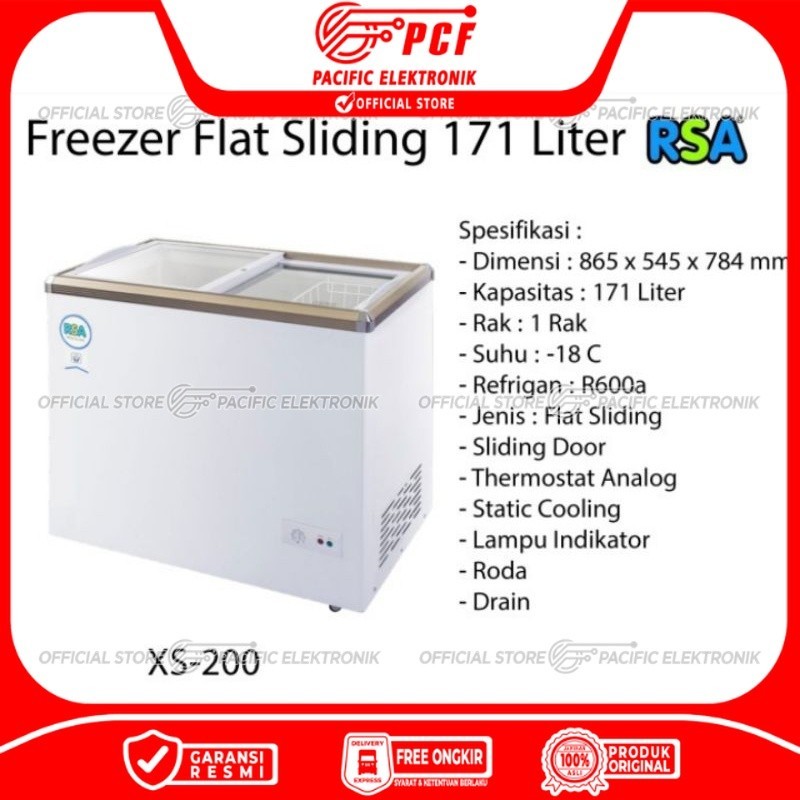 PROMO BIG SALE Box Freezer / Chest Freezer Sliding Flat Glass RSA 171Liter XS-200 / XS200 (Box Freezer Kaca)