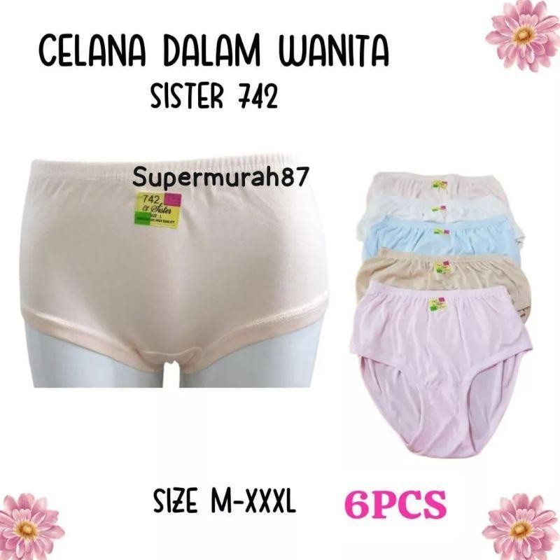 6 PCS CD Sister 742 | Celana Dalam SISTER Bahan Kaos2 Anti Bakteri  | CELANA DALAM WANITA DEWASA CH 