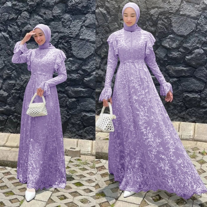 Gamis dealova lilac dress baju muslim pesta mewah brukat tile  - XL