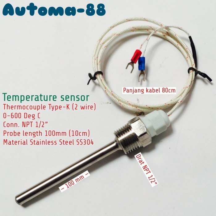 Thermocouple Type-K NPT 1/2 in kabel 2 wire probe 100mm 10cm Stainless MM27